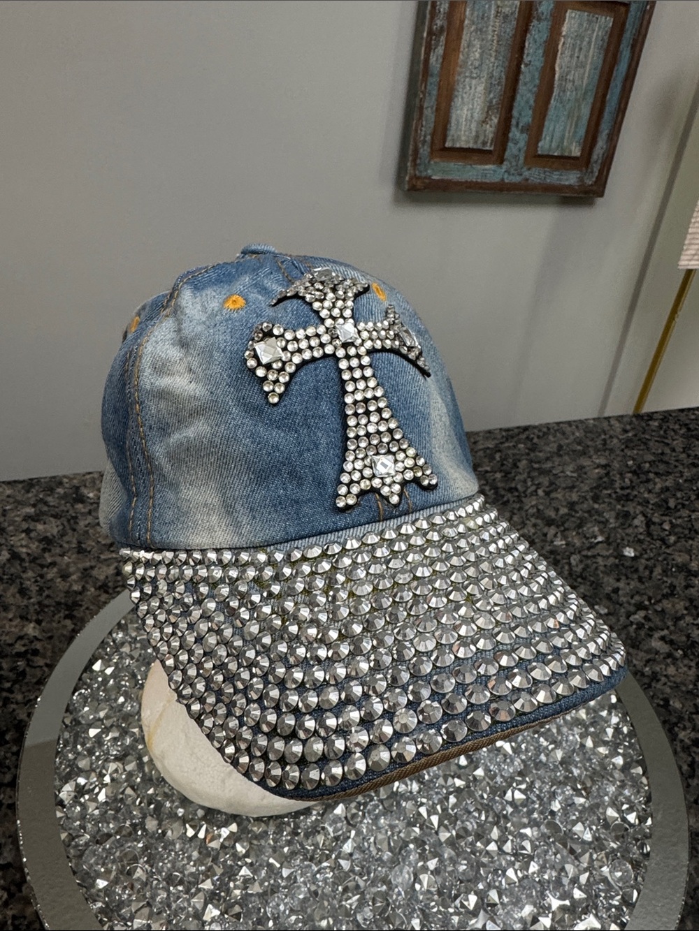 indigo soul Blue Denim Cap with Crystal Cross and Studded Visor EUC